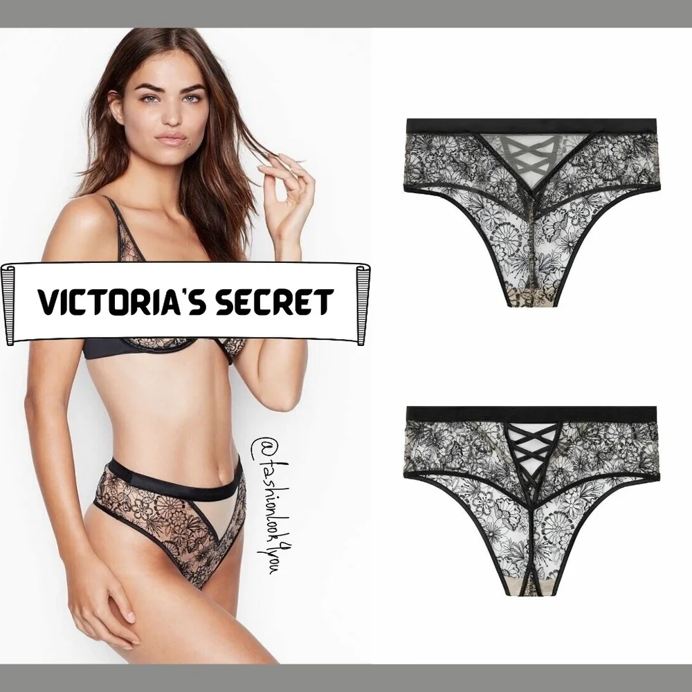 NWT $50 Victoria's Secret Lux Crisscross Embroidered Thong‎ Panty [ SZ XS ]